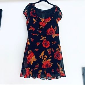 Red and Black Floral Print Ruffled Dress